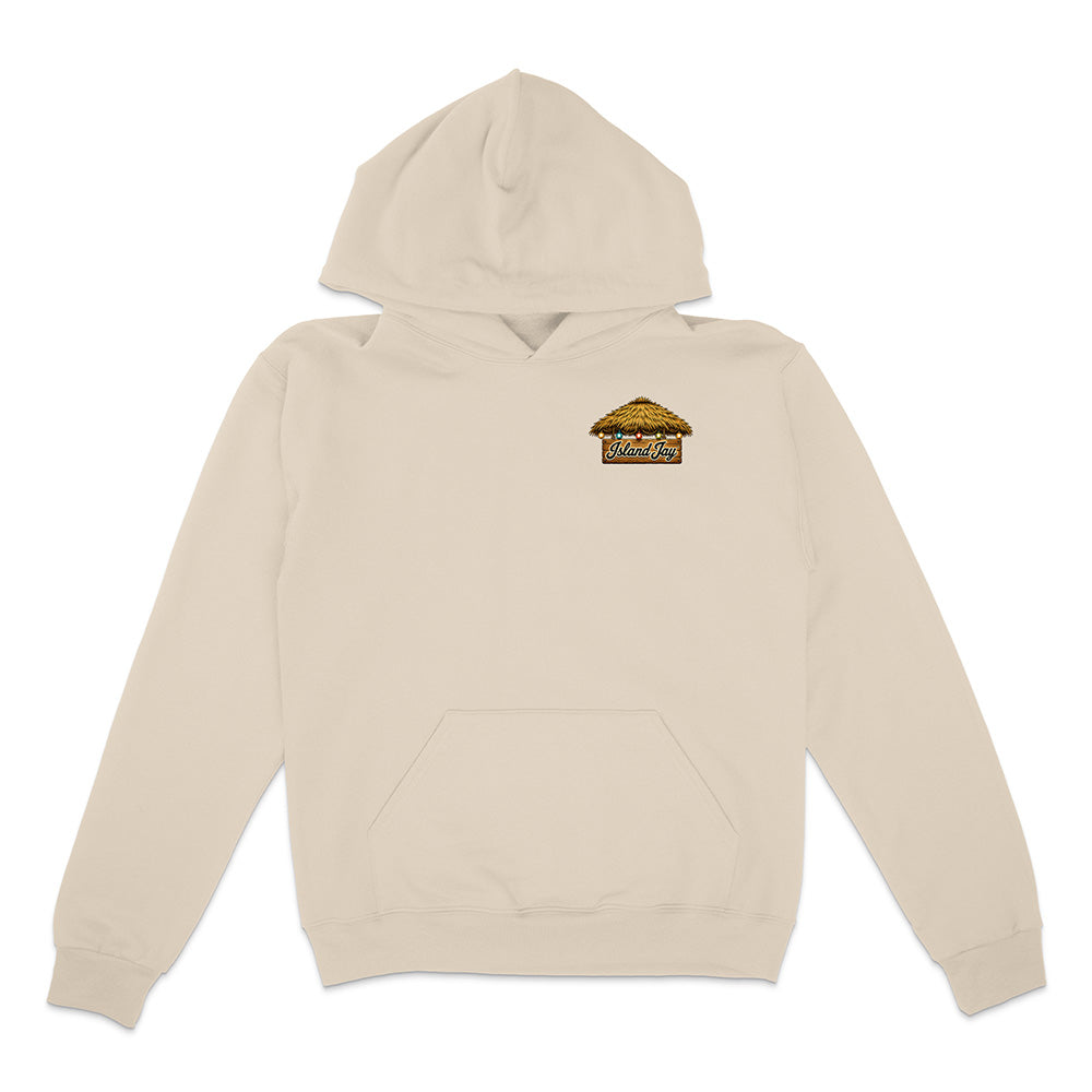 A light beige pullover hoodie with a small colorful graphic on the left chest, displayed against a solid white background.