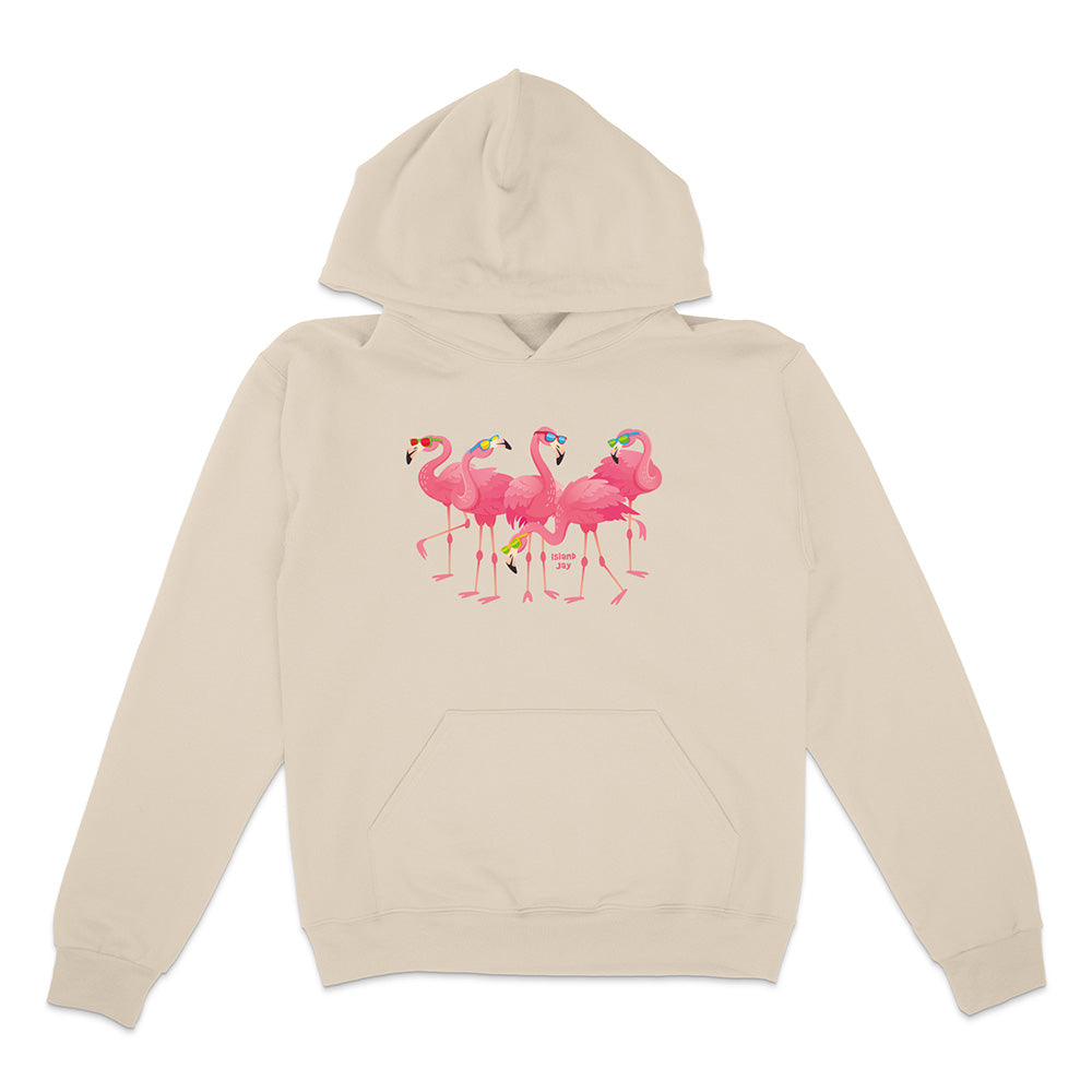 Beige hoodie with pink flamingo design on a white background