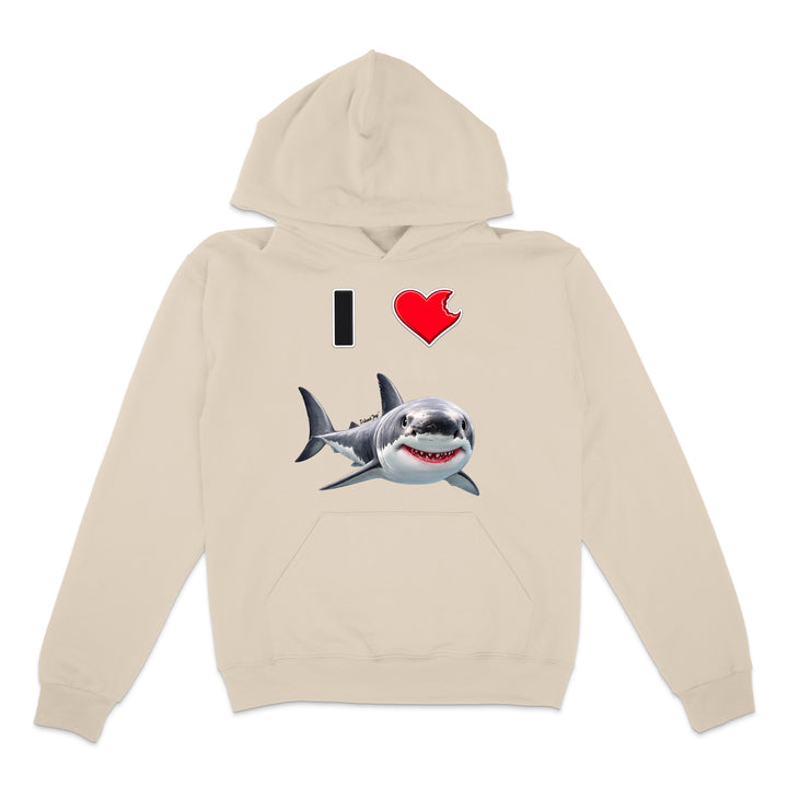 A beige hoodie with a graphic print on the front showing a black and white shark below a red heart and the text 'I' in black, displayed on a solid white background.
