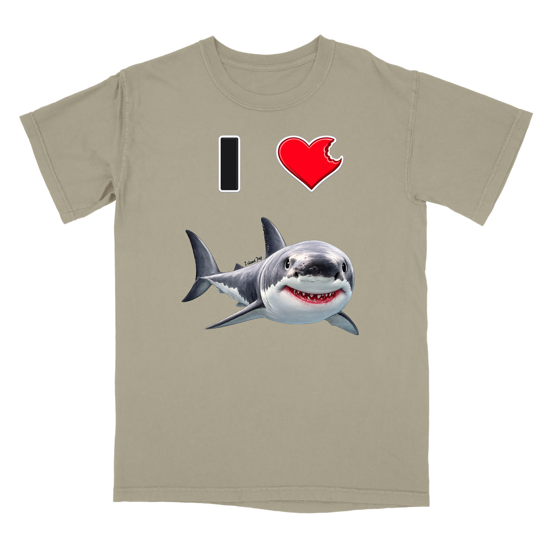 A beige crewneck t-shirt featuring a graphic print of a smiling great white shark below a text design that reads 'I' followed by a red heart.