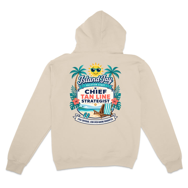 A beige pullover hoodie shown from the back, featuring a colorful graphic print with palm trees, a sun, a beach chair, and the text 'IslandJays' and 'CHIEF TAN LINE STRATEGIST'.
