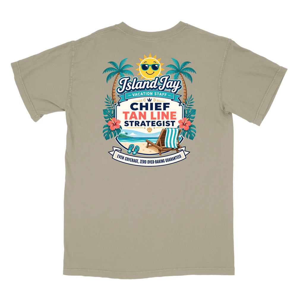 A grey short-sleeve t-shirt with a colorful graphic print on the front. The graphic features a smiling sun wearing sunglasses, palm trees, a beach scene, and text that reads 'Island Jay Vacation Staff by CHIEF TAN LINE STRATEGIST'.