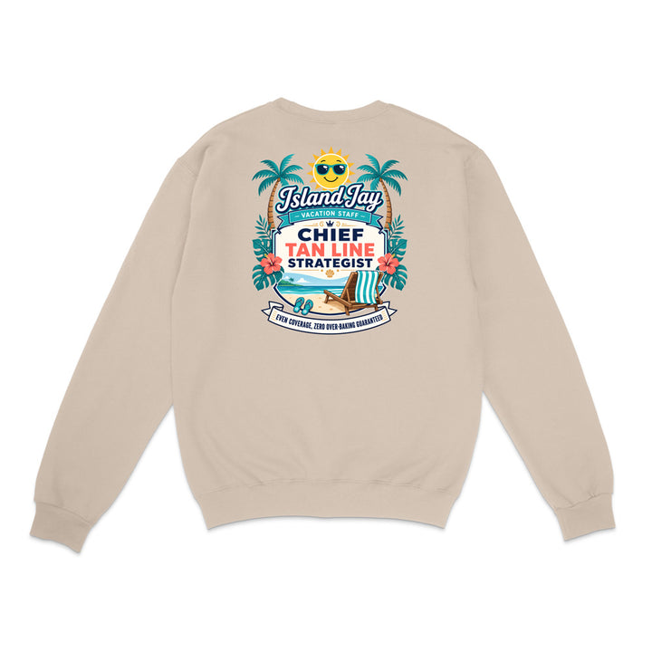 A beige crewneck sweatshirt shown from the back, featuring a colorful graphic print with palm trees, a beach chair, and the text 'IslandJaz Chief Tan Line Strategist'.