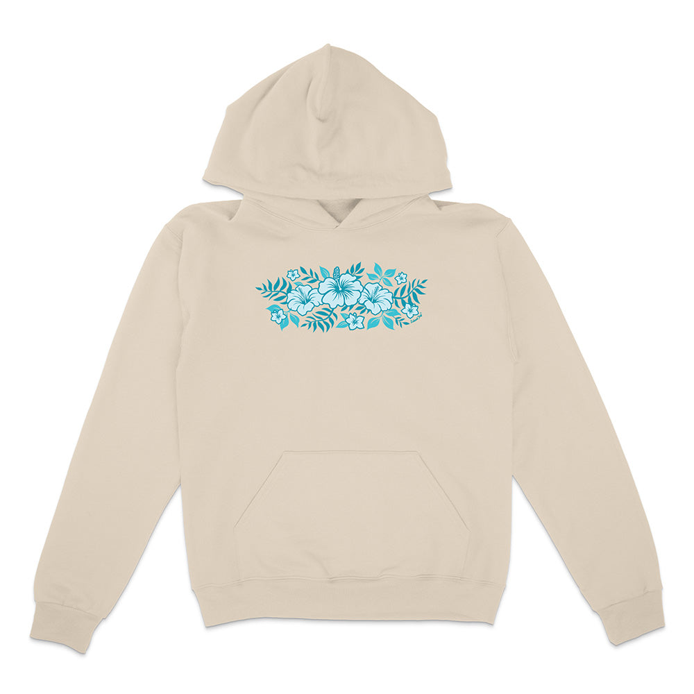 Beige hoodie with blue floral design on a white background