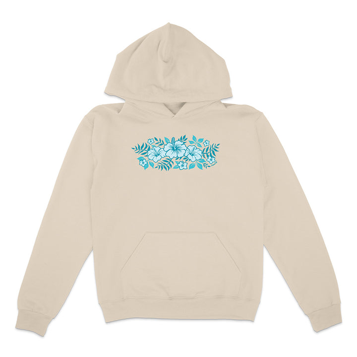 Beige hoodie with blue floral design on a white background