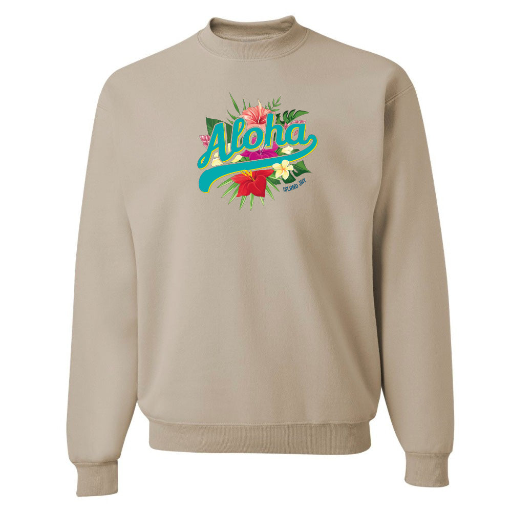 Beige sweatshirt with 'Aloha' and floral design on a white background