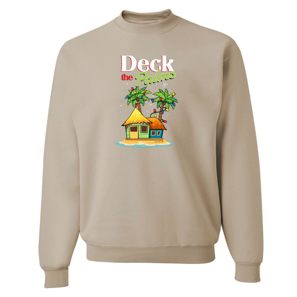 Khaki sweatshirt with a tropical hut and palm tree design and graphic text reading "Deck The Palms" on a white background