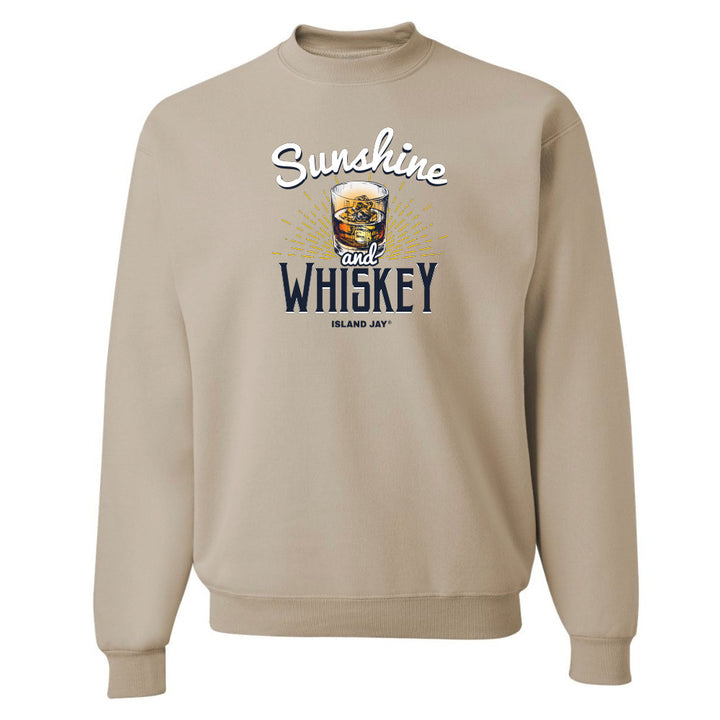 Beige sweatshirt with 'Sunshine and Whiskey' graphic and text on a white background