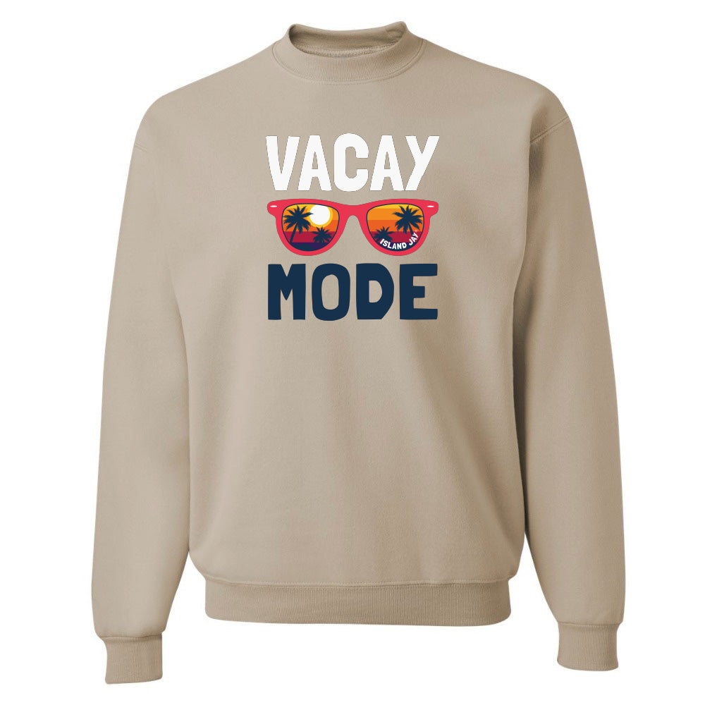 Beige sweatshirt with 'VACAY MODE' text and sunglasses graphic on a white background