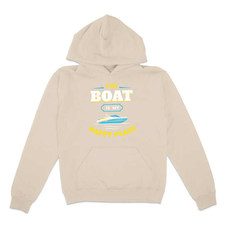 Beige hoodie with graphic design and text on a white background