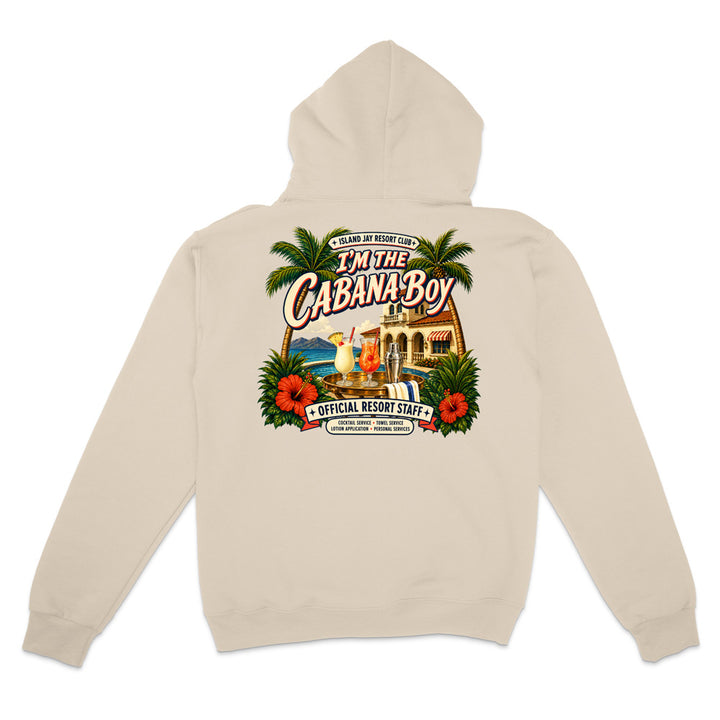 A beige hooded sweatshirt shown from the back, featuring a large colorful graphic print with palm trees, hibiscus flowers, a beach resort scene, and the text 'I'm The Cabana-Boy' and 'Official Resort Staff'.