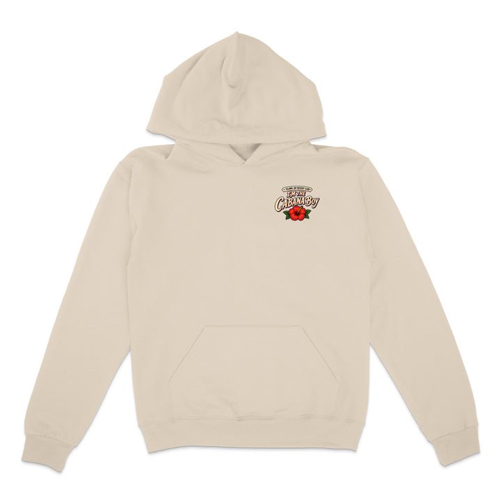 A light beige pullover hoodie with a small red and yellow graphic on the left chest, displayed against a solid white background.