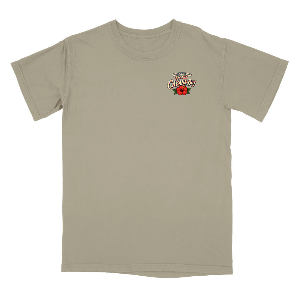 A short-sleeve crewneck t-shirt in a light khaki-beige color, featuring a small graphic on the left chest with the words 'The Best Champion' and a red rose, displayed on a solid white background.