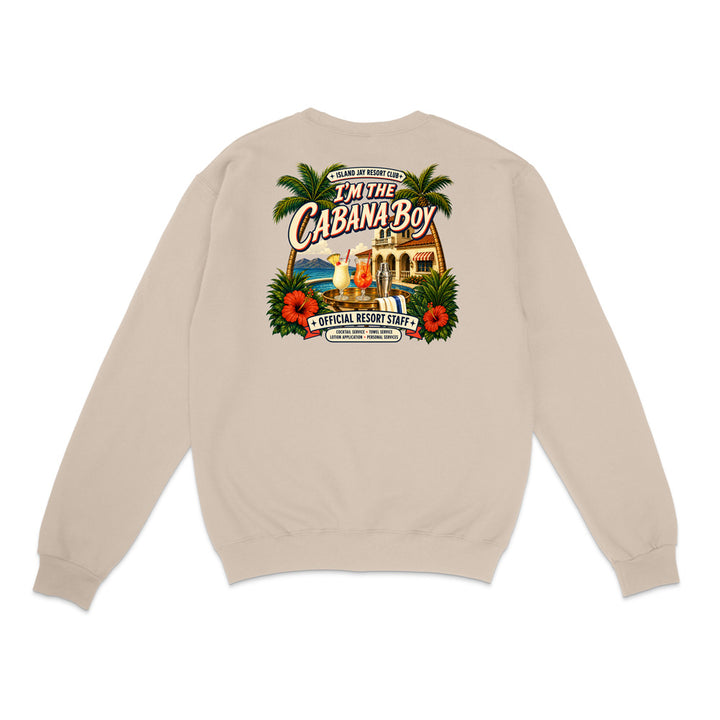 A beige crewneck sweatshirt shown from the back, featuring a large, colorful graphic print of a tropical cabana resort with palm trees, red hibiscus flowers, and the text 'J'MY THE CABANA BOY'.