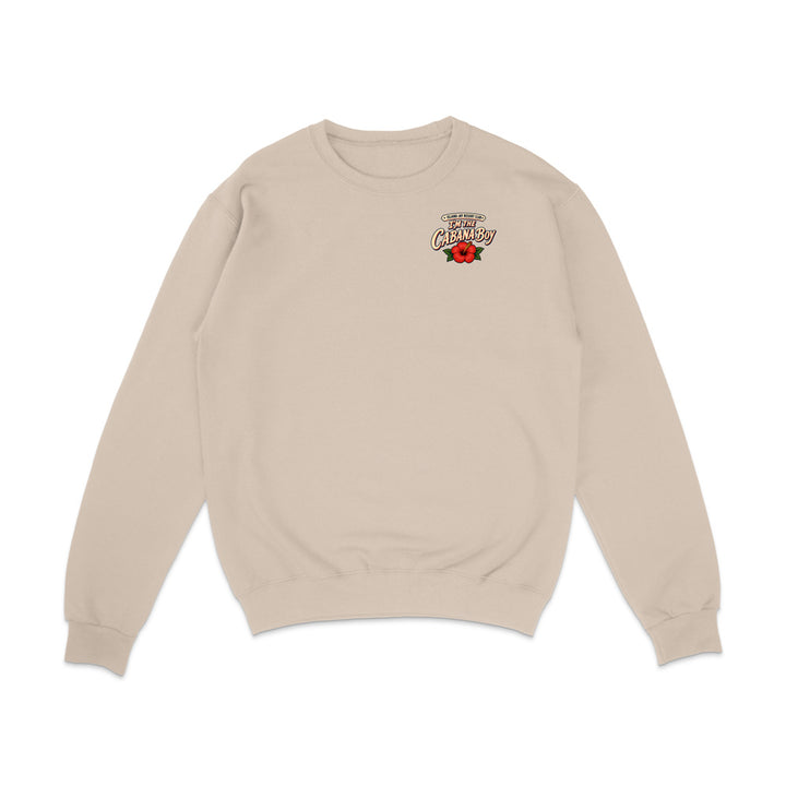 A beige crewneck sweatshirt with a small graphic on the left chest featuring the text 'BLOOMING CHERNY' and a red rose, displayed on a clean white background.