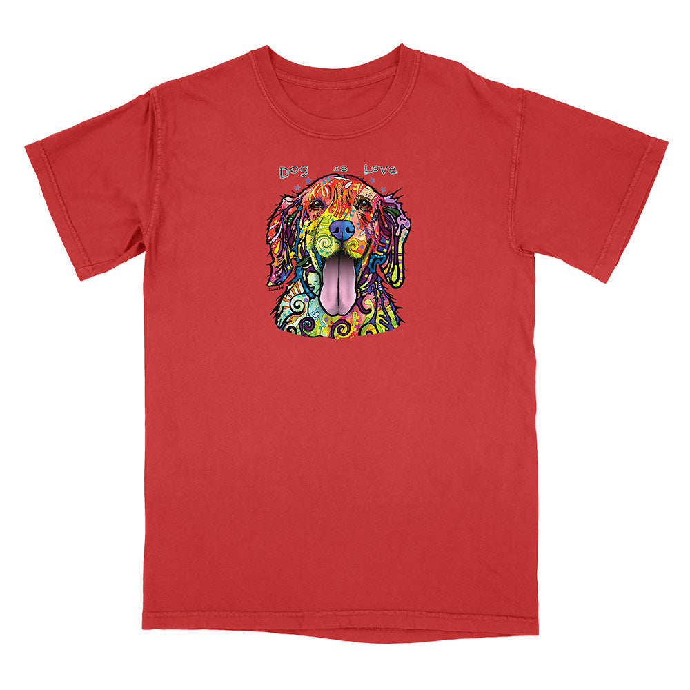 Red t-shirt with a colorful dog graphic and text on a white background