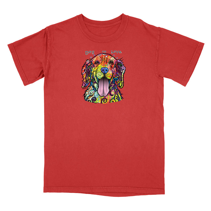 Red t-shirt with a colorful dog graphic and text on a white background