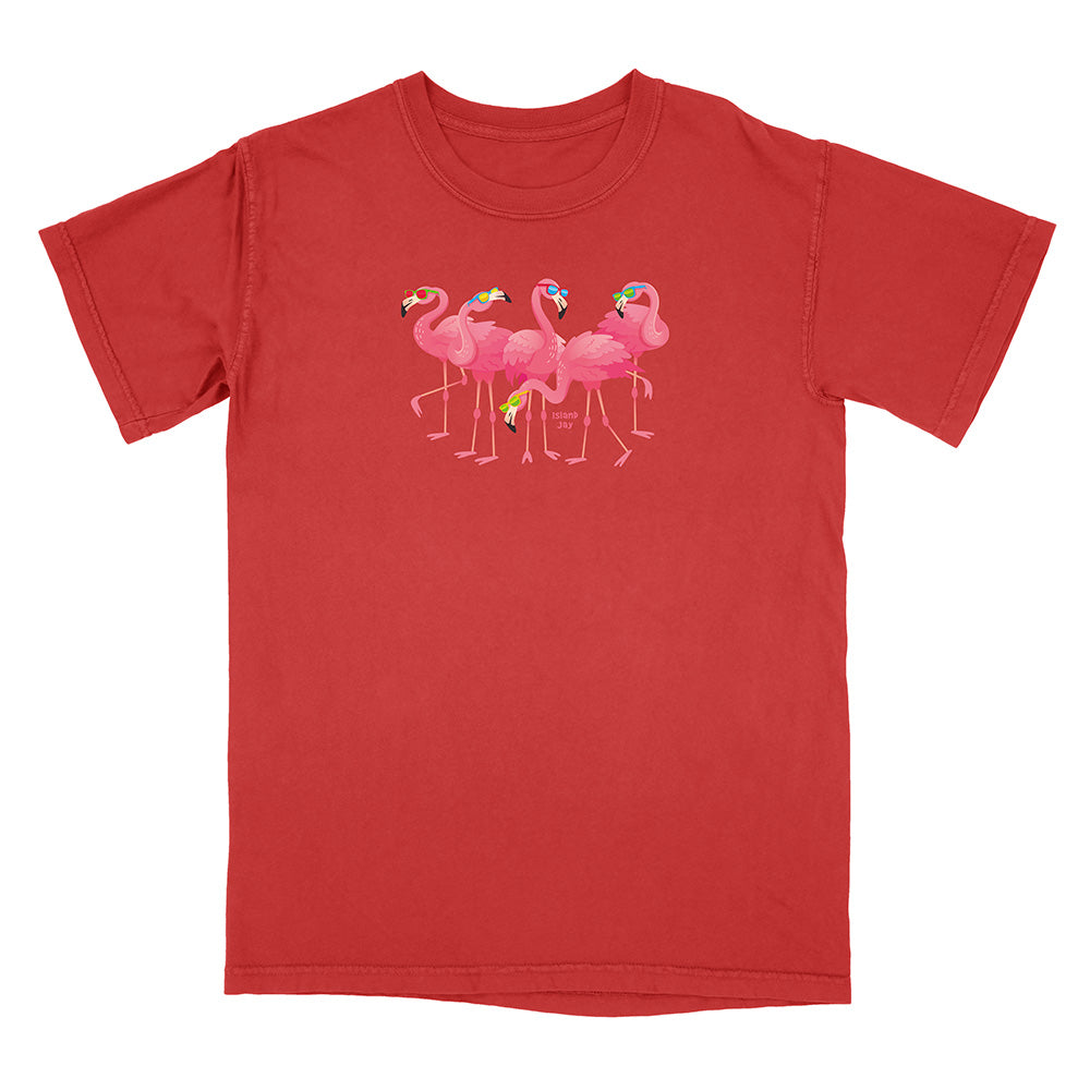 Red t-shirt with pink flamingo design on a white background