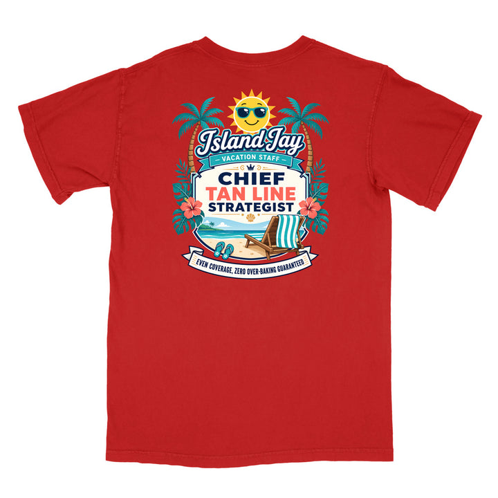 A red short-sleeve t-shirt with a colorful graphic print on the front. The graphic features a smiling sun wearing sunglasses, palm trees, a beach scene, and text that reads 'Island Jay Vacation Staff by CHIEF TAN LINE STRATEGIST'.