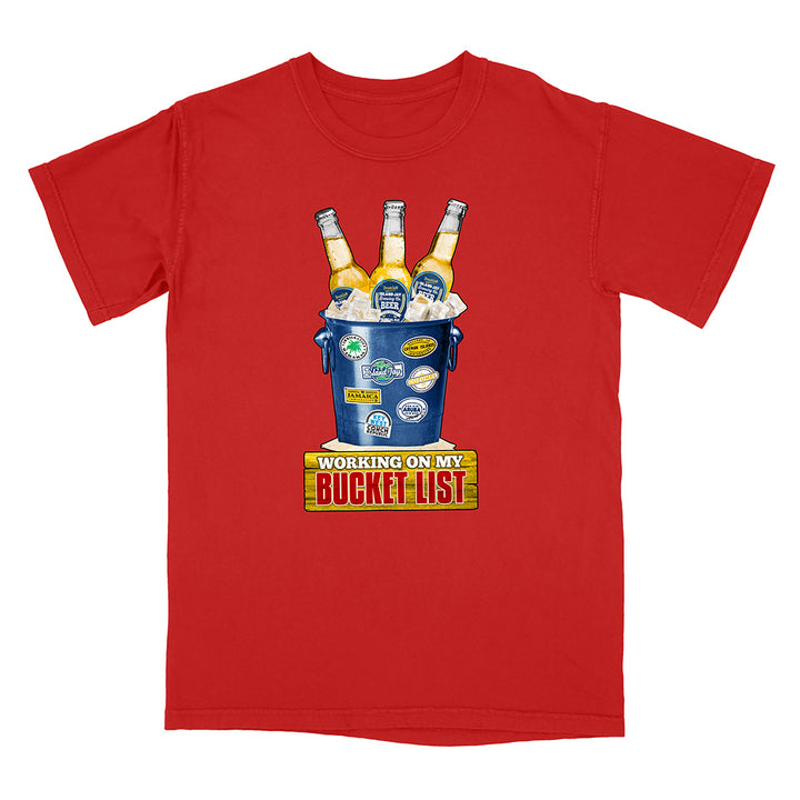 Red t-shirt with a graphic of a bucket of beer and 'Working on my Bucket List' text.