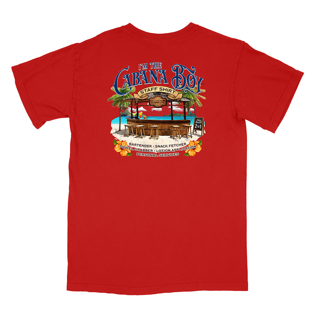 Red t-shirt with 'I'm the Cabana Boy Staff Shirt' graphic on a white background