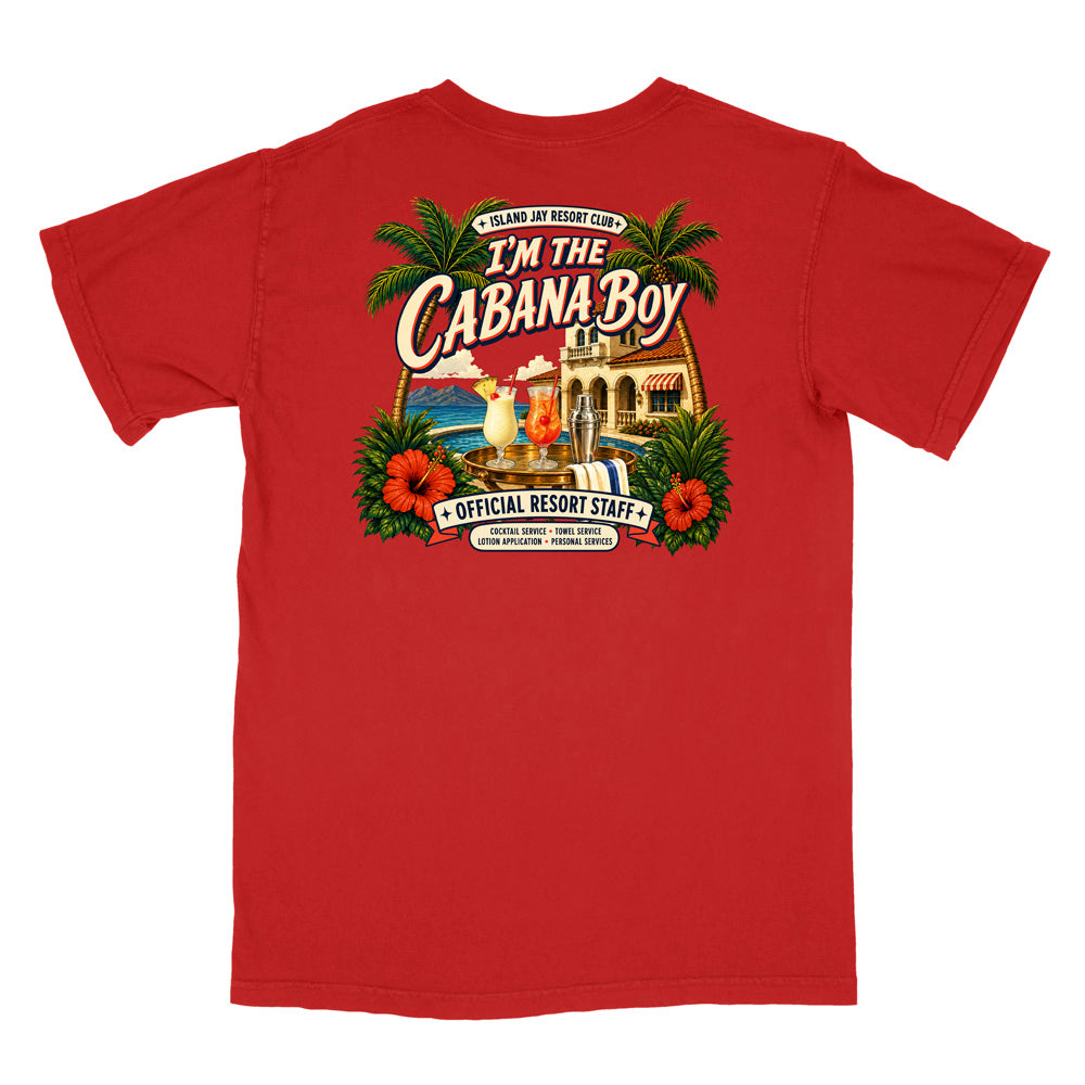 A red short-sleeve t-shirt shown flat against a white background, featuring a large colorful graphic print on the front with tropical palm trees, hibiscus flowers, a beach scene, and the text 'I'm The Cabana Boy' and 'Official Resort Staff'.