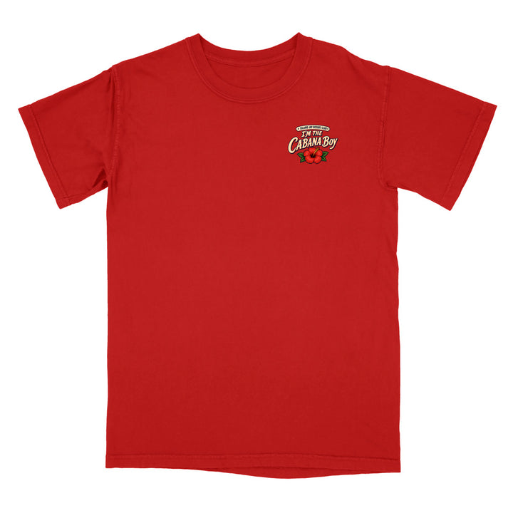 A red short-sleeve crewneck t-shirt with a small graphic on the left chest that reads 'Welcome to Cabana Bay' with a red boat illustration.