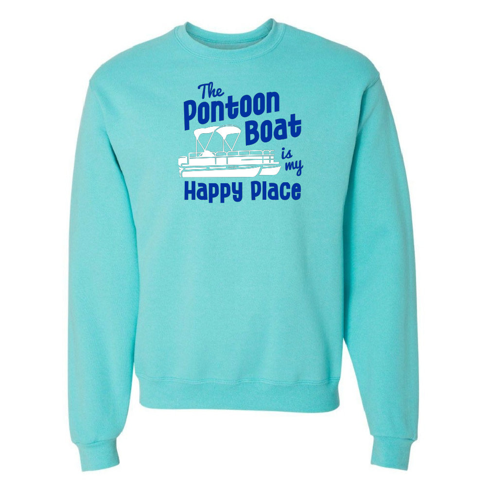 Turquoise sweatshirt with 'The Pontoon Boat is my Happy Place' text and graphic on a white background