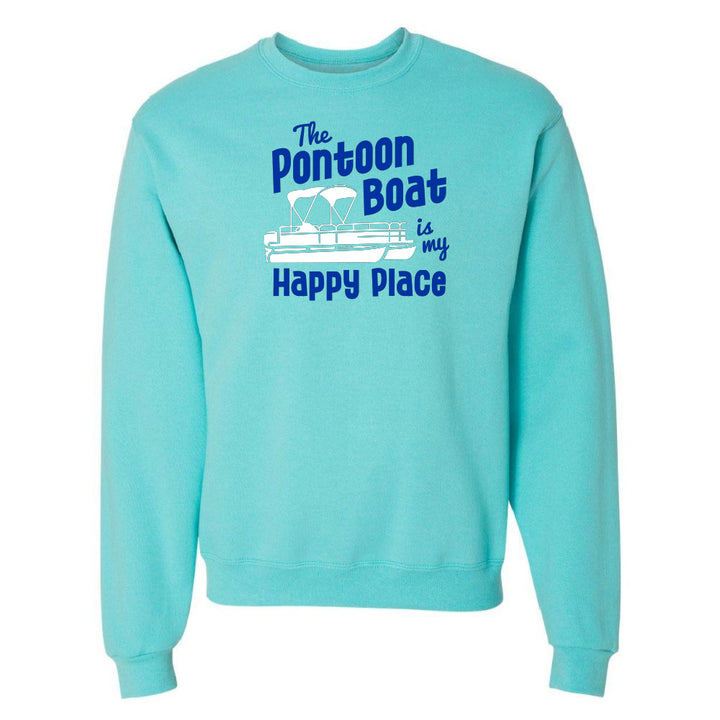Turquoise sweatshirt with 'The Pontoon Boat is my Happy Place' text and graphic on a white background