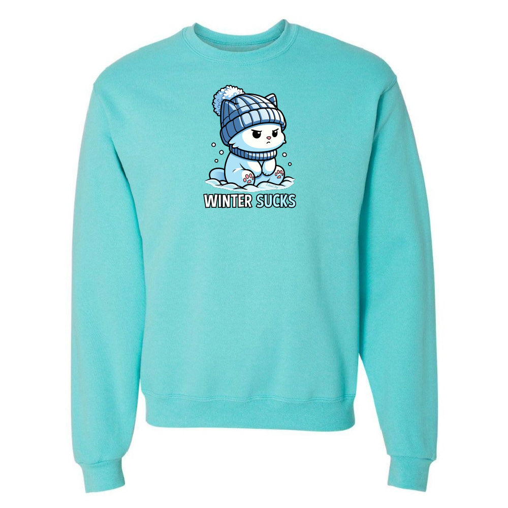 Turquoise sweatshirt with a cartoon character and 'Winter Sucks' text on a white background