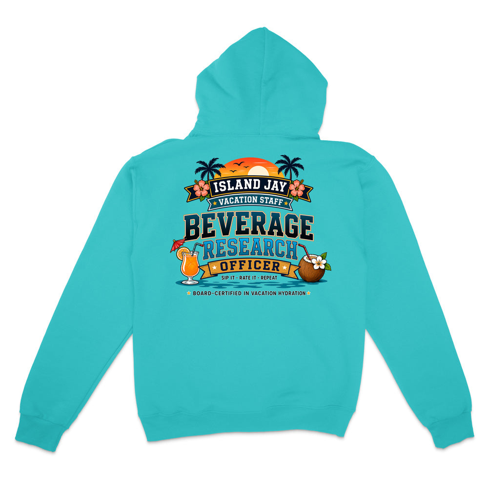 A turquoise blue hoodie shown from the back, featuring a colorful graphic print with tropical island elements and the text 'ISLAND JAY BEVERAGE RESEARCH OFFICER'.