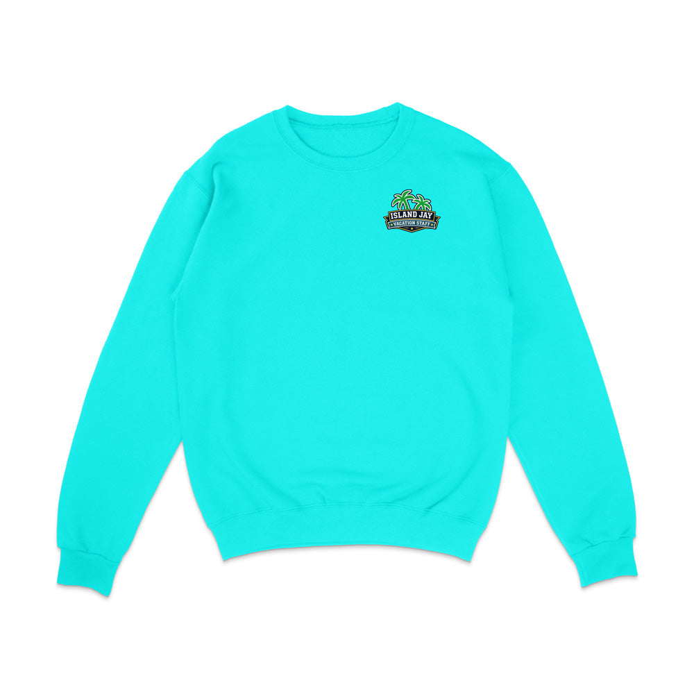 A bright turquoise crewneck sweatshirt with a small 'Star Wars: The Mandalorian' graphic printed on the left chest, displayed flat against a solid white background.