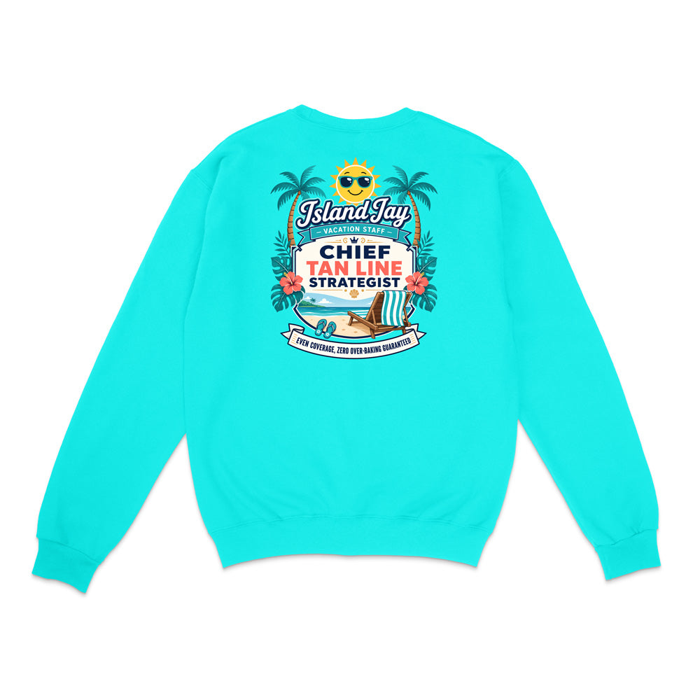 A turquoise crewneck sweatshirt shown from the back, featuring a large colorful graphic print with palm trees, a beach chair, and text that reads 'IslandJaz' and 'CHIEF TAN LINE STRATEGIST'.