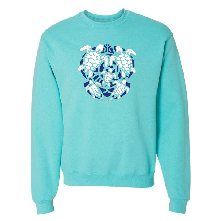 Blue hoodie with a blue and white turtle graphic on a white background