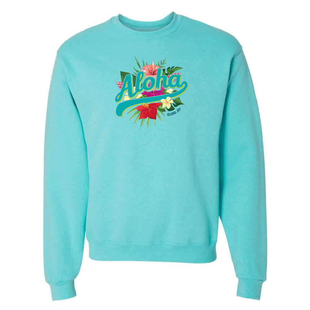 Turquoise sweatshirt with 'Aloha' and floral design on a white background