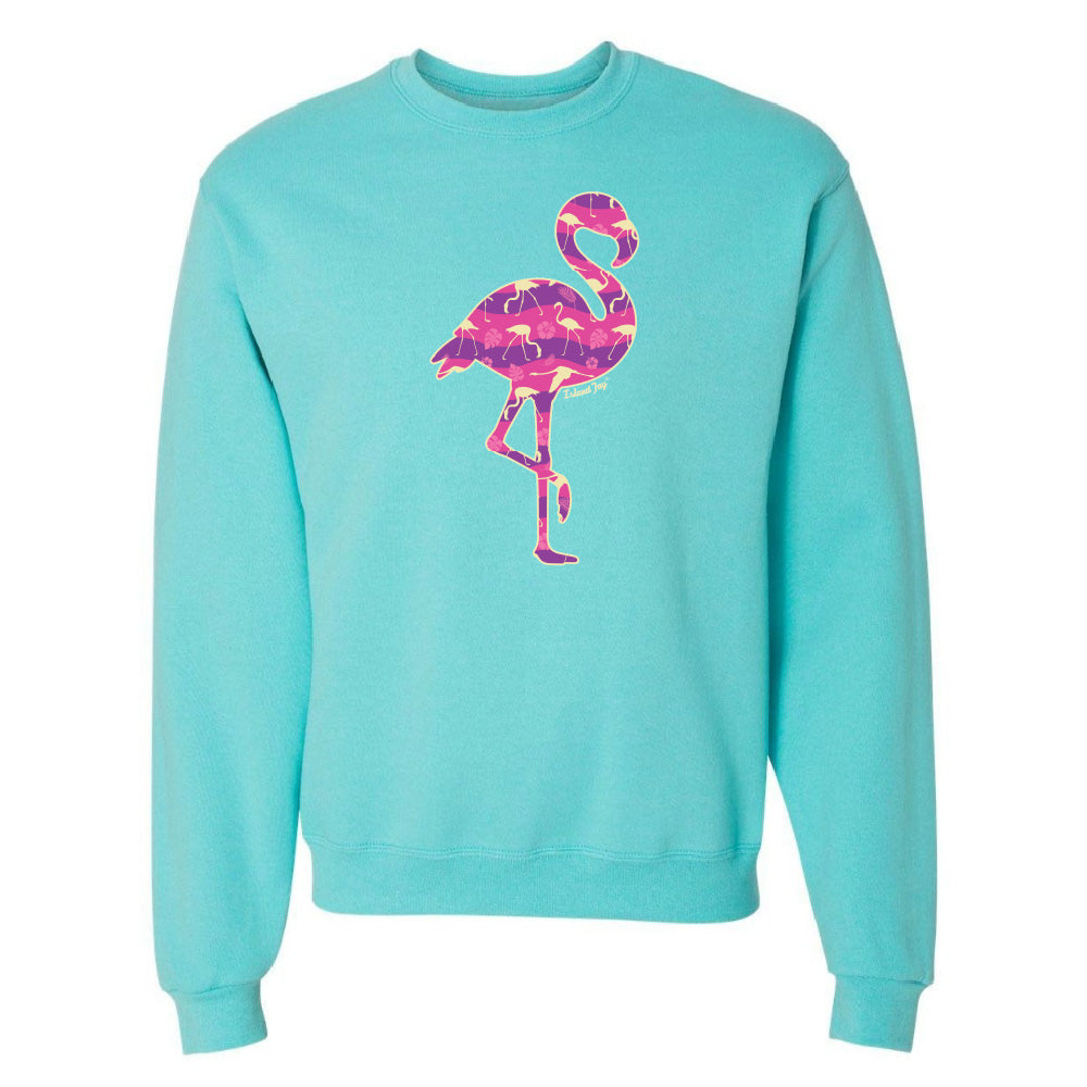 Blue sweatshirt with a colorful flamingo design on a white background
