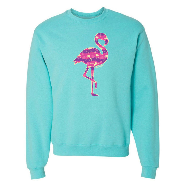 Blue sweatshirt with a colorful flamingo design on a white background