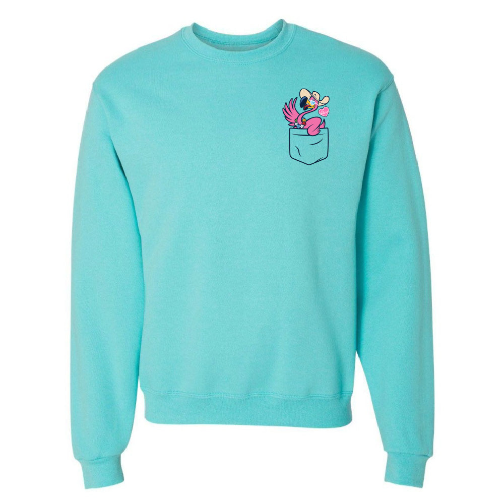 Turquoise sweatshirt with a cartoon character in the pocket on a white background