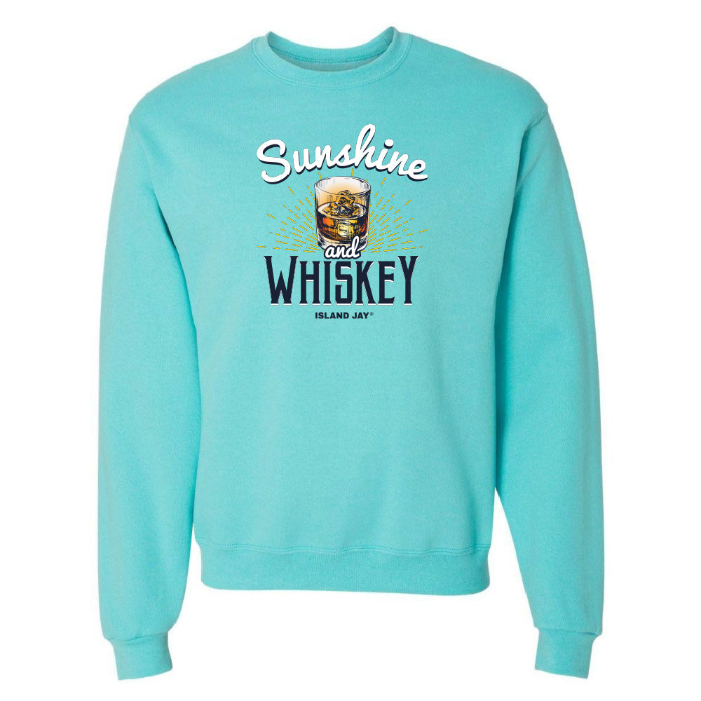 Turquoise sweatshirt with 'Sunshine and Whiskey' text and a glass graphic on a white background