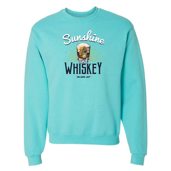 Turquoise sweatshirt with 'Sunshine and Whiskey' text and a glass graphic on a white background