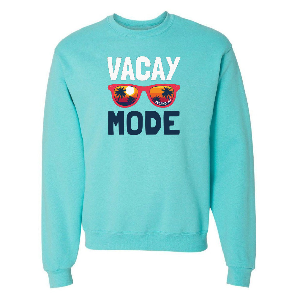 Turquoise sweatshirt with 'VACAY MODE' text and sunglasses graphic on a white background