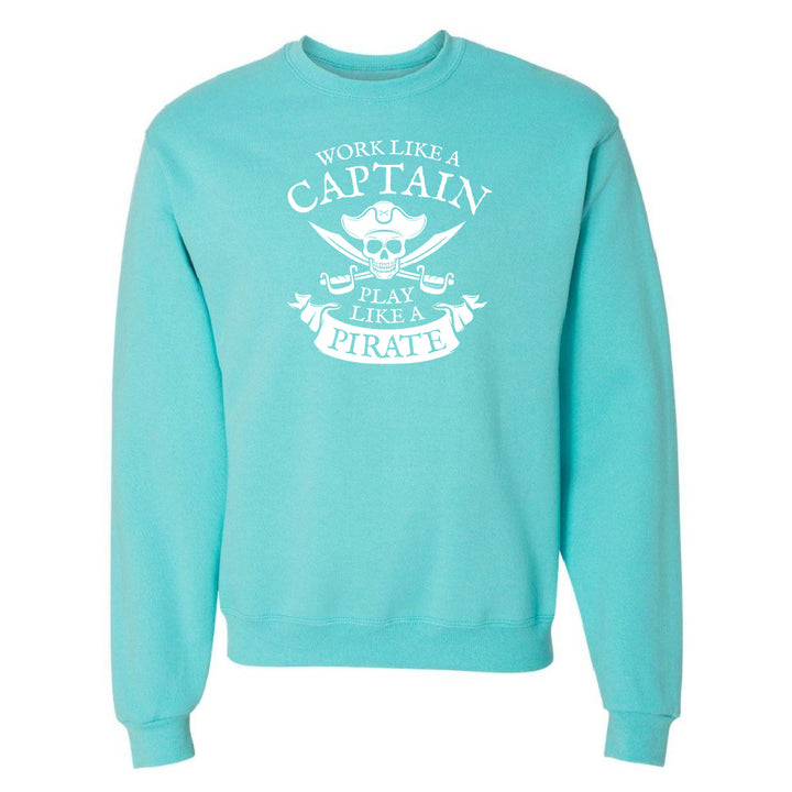 Turquoise sweatshirt with white graphic and text on a white background