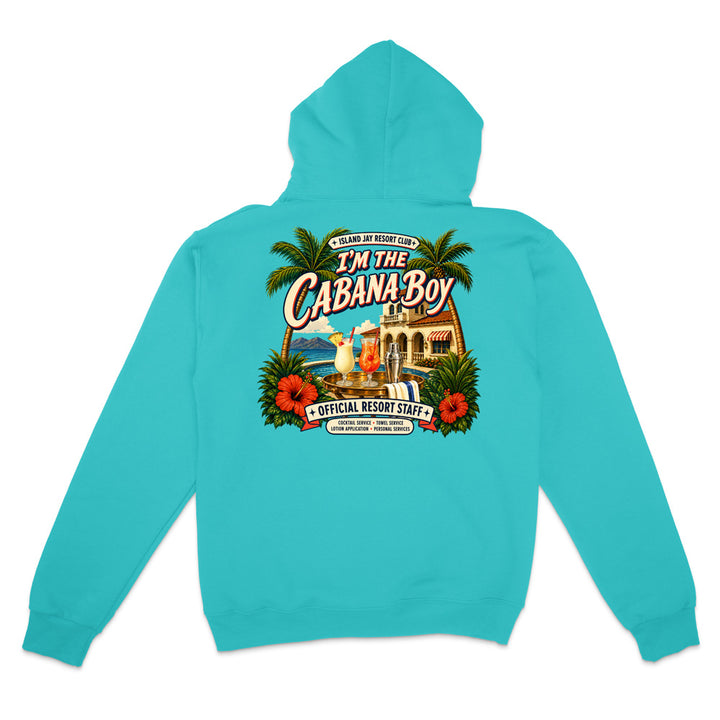 A turquoise blue hoodie shown from the back, featuring a large, colorful graphic print with palm trees, hibiscus flowers, a beach bar scene, and the text 'I'M THE CABANA BOY' and 'OFFICIAL RESORT STAFF'.