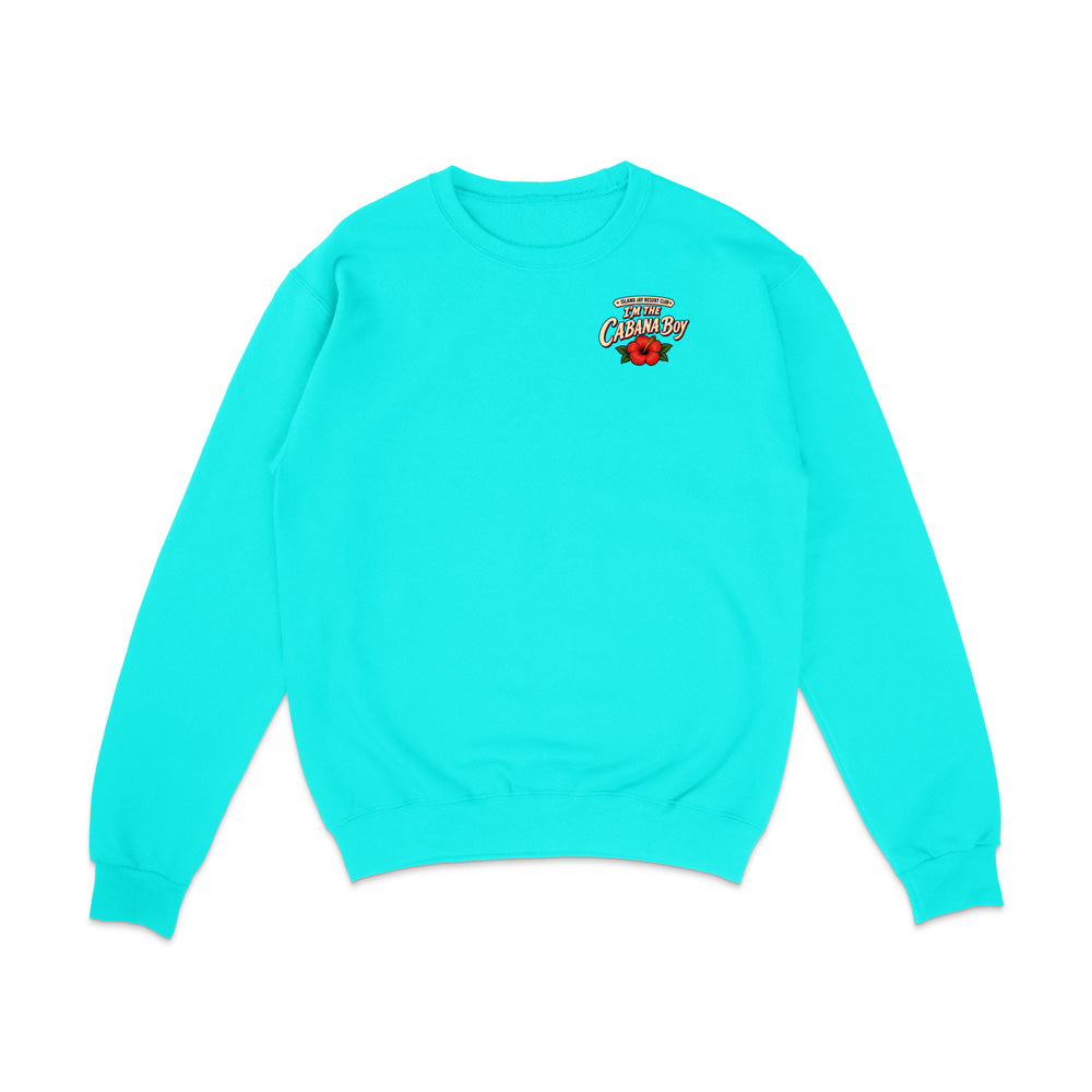 A bright turquoise crewneck sweatshirt with a small graphic on the left chest reading '2024 Texas A&M Aggies Champion' with a red soccer ball, shown on a plain white background.