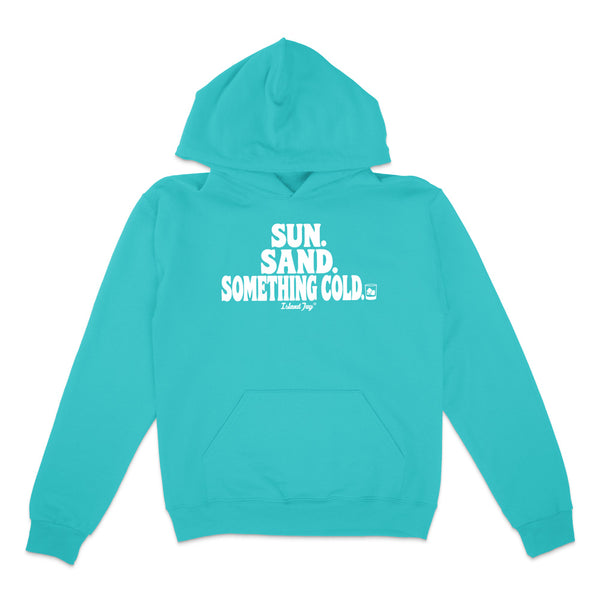 Scuba blue hoodie with white text reading Sun. Sand. Something Cold