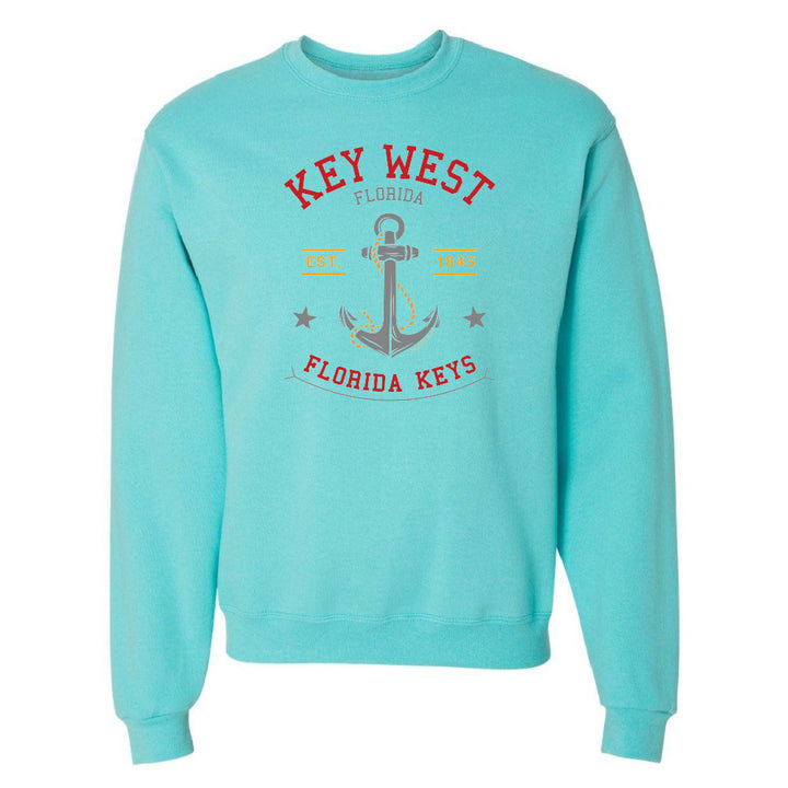 Turquoise sweatshirt with 'Key West, Florida' and anchor design on a white background