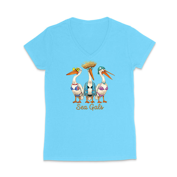 Light blue t-shirt with 'Sea Gals' graphic featuring three pelicans on a white background