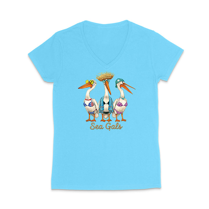 Light blue t-shirt with 'Sea Gals' graphic featuring three pelicans on a white background