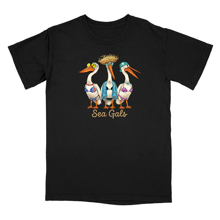 Black t-shirt with 'Sea Gals' design featuring three pelicans on a white background