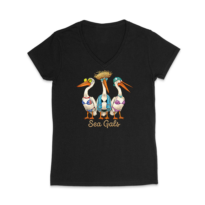 Black V-neck t-shirt with colorful pelican design and 'Sea Gals' text on a white background